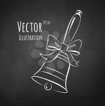 Chalkboard drawing of school bell with a bow. Vector illustration. Isolated.