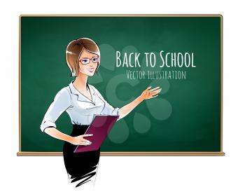 Illustration of school teacher standing next to blackboard. Vector EPS 10.