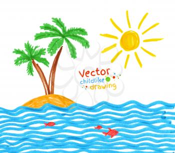 Felt pen childlike drawing of seaside. Vector illustration.