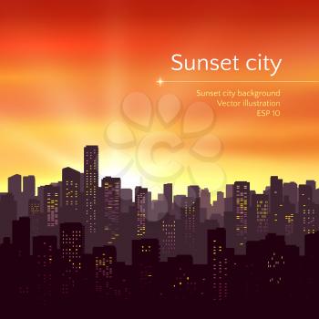 Sunset city landscape. Vector illustration.