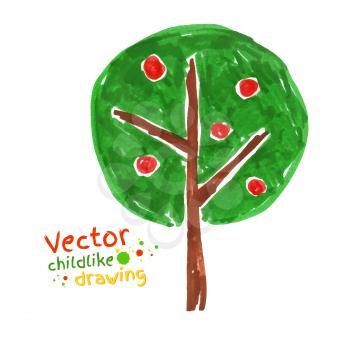 Childlike drawing of apple tree. Vector illustration. Isolated.