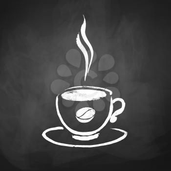 A cup of coffee with coffee bean. Hand drawn sketch on chalkboard background. Vector illustration