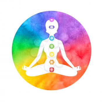 Meditation, aura and chakras. Vector illustration.
