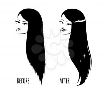 Hair before and after. Vector illustration.