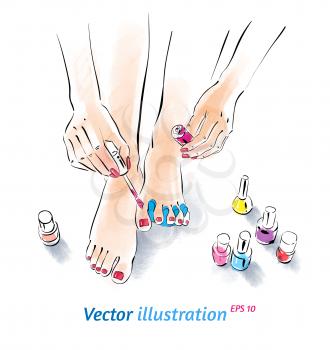 Home pedicure. Vector illustration with watercolor texture.