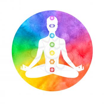 Meditation, aura and chakras. Vector illustration.