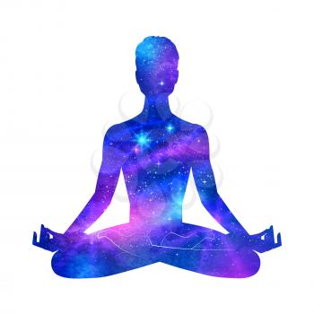 Meditation. Outer space in male silhouette. Vector illustration. Vector illustration.