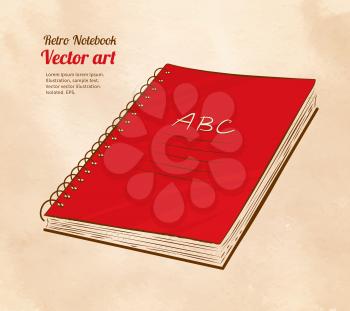 Red school notebook on vintage background. Vector illustration.