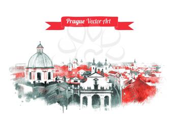 Vintage postcard with Old Prague skyline view. Czech Republic. Watercolor textured art. Vector illustration.