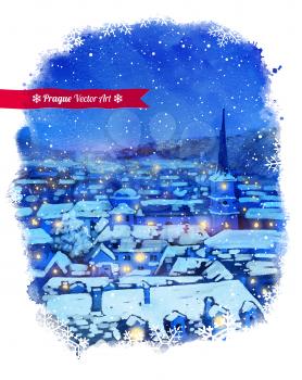 Winter Prague cityscape. Vector watercolor illustration.