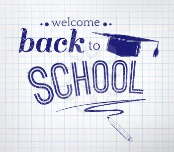 Back to school typographical background with checkered notepad texture. Vector illustration.
