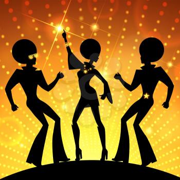 Illustration with dancing people on gold disco lights background. Vector iEPS 10.