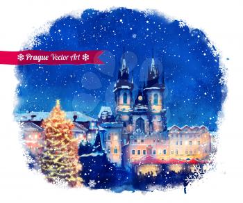 Christmas Prague. Vector watercolor illustration.