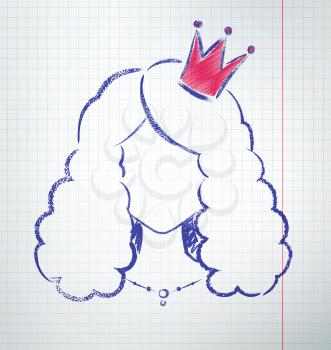 Female avatar with princess crown, drawn on checkered school notebook paper. Vector illustration.