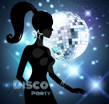 Disco Party invitation template with silhouette of a girl. Vector illustration.