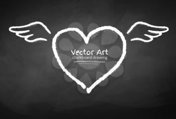 Chalk drawn heart with wings on blackboard background. Vector illustration.