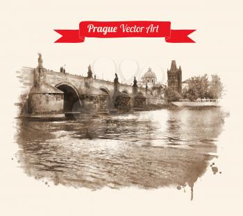 Vintage postcard with Old Prague Charles bridge view. Czech Republic. Watercolor textured art. Vector illustration.