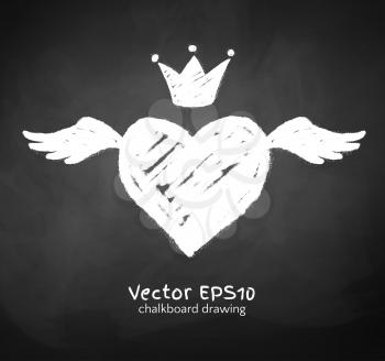 Chalk drawn heart with wings on blackboard background. Vector illustration.