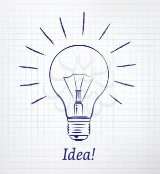Light bulb drawn on notebook checkered paper. Vector illustration. isolated.