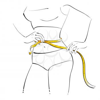Girl measuring her waist. Vector illustration.