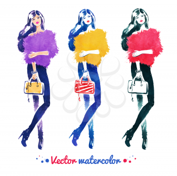 Fashion model with bag. Watercolor fashion illustration. Vector set.