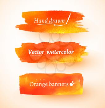 Vibrant orange watercolor banners. Isolated. Vector set.