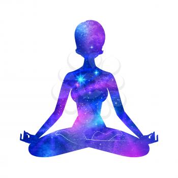 Meditation. Female silhouette with outer space. Vector illustration.