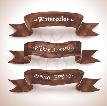 Watercolor set of brown ribbon banners. Vector illustration. Isolated.