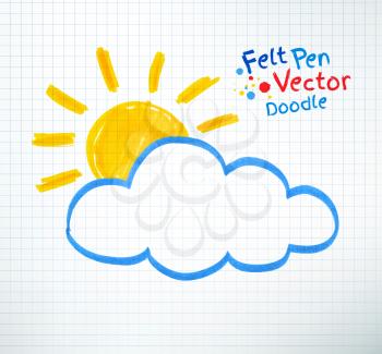 Vector illustration of sun and cloud. Felt pen childlike drawing on checkered notebook paper.