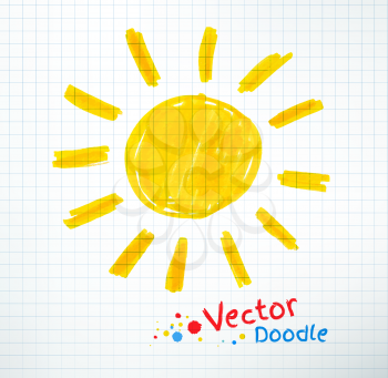 Vector illustration of sun. Felt pen childlike drawing on checkered notebook paper.
