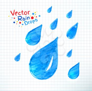 Vector illustration of rain drops. Felt pen child drawing on notebook checkered paper.