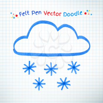 Vector illustration of snowy cloud. Felt pen childlike drawing on checkered notebook paper.