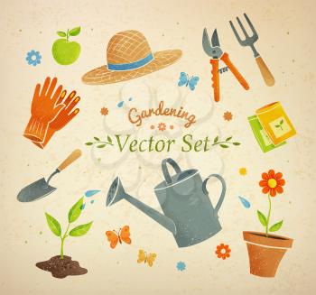Gardening equipment vector set on vintage background.