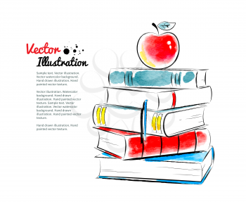 Red apple on books. Vector watercolor illustration. 