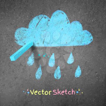 Rainy cloud drawn on asphalt background. Peace of blue chalk. Vector illustration.