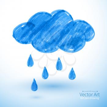 Rainy cloud. Felt pen drawing, Vector illustration. Isolated.
