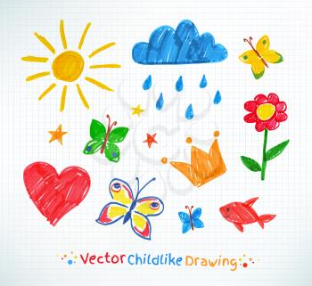 Summer felt pen child drawing on checkered school notebook paper. Vector set.