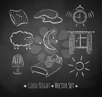 Good night vector sketchy set. Chalked illustrations on school board background.