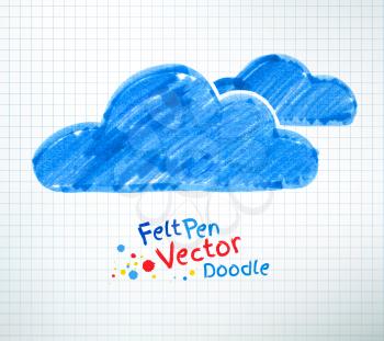 Felt pen vector childlike drawing of clouds on checkered school notebook background.