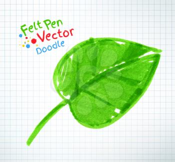 Vector felt pen child drawing of green leaf on checkered school notebook paper.