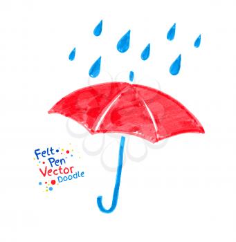 Vector felt pen child drawing of red umbrella and rain drops.