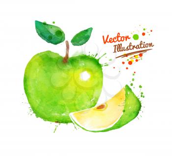 Vector watercolor hand drawn apple with paint splashes.