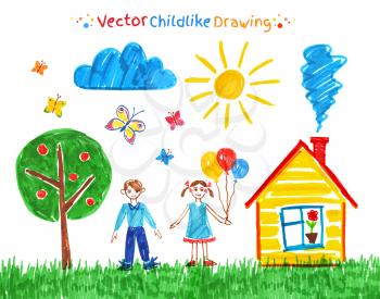 Felt pen child drawings vector set.