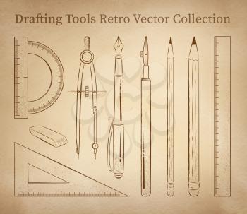 Drafting tools hand drawn vector set on vintage old paper background.