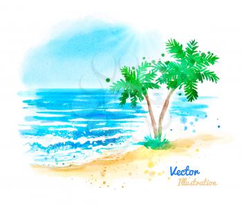 Watercolor vector hand drawn sea landscape.