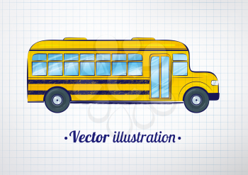Vector illustration of school bus on checkered school notebook background. 