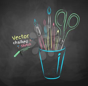 Vector color chalk drawing of art tools in holder.