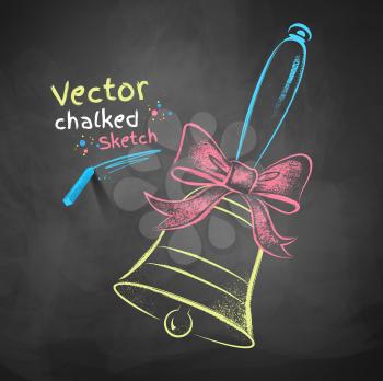 Color chalk drawn vector illustration of school bell with a bow on black chalkboard background.