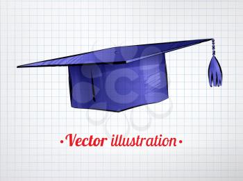 Hand drawn color vector illustration of mortarboard on notebook checkered paper background.