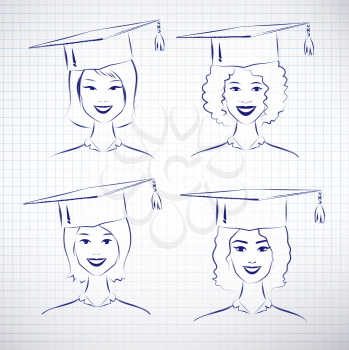 Female students wearing graduation hat. Vector hand drawn sketch on notebook background.